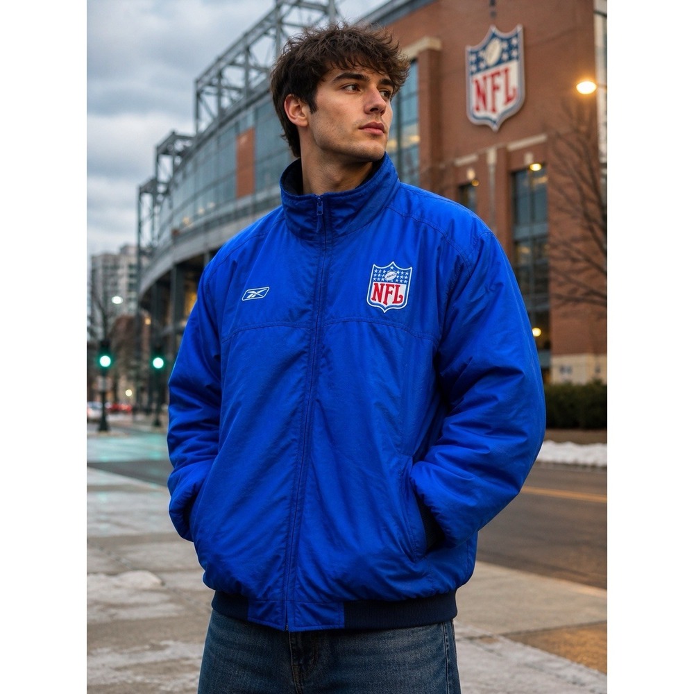 Vintage Reebok NFL Equipment Blue Puffer Jacket Mens XL Quilted Coat